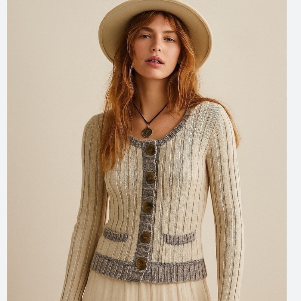 FREE PEOPLE LONG SLEEVE ANGORA BLEND KNIT BUTTON DOWN BEIGE CARDIGAN SWEATER S
